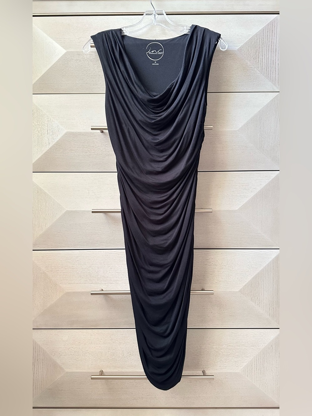 INC INTERNATIONAL CONCEPTS BLACK DRAPED FITTED COWL NECK DRESS - SIZE M